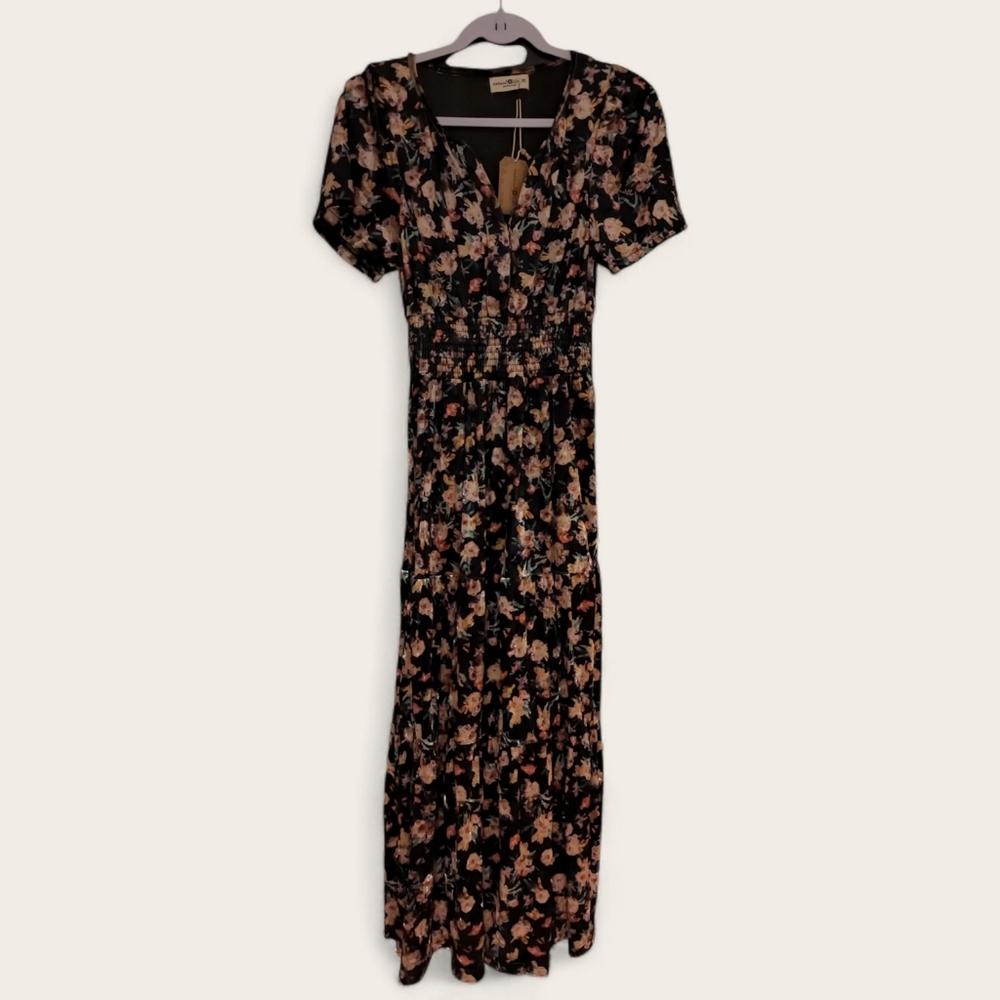 Natural Life Floral Velvet Maxi Dress Smocked Waist V-Neck XS - Picture 2 of 5